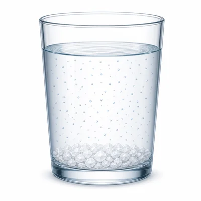A glass contains dissolved salt particles and extra salt crystals settled at the bottom.
