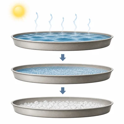 Water evaporates from salt water, leaving salt crystals behind.