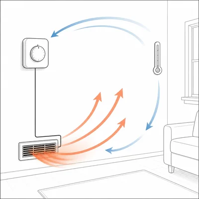 Diagram of a thermostat controlling a heater to regulate room temperature.