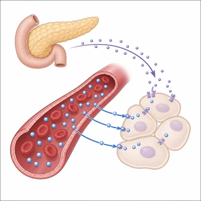 Diagram of insulin from the pancreas helping cells take glucose from the blood.