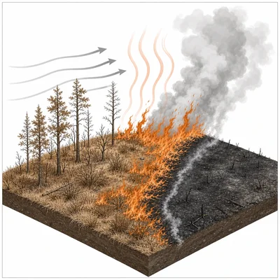 Diagram of a forest fire spreading through dry vegetation with wind and burned area limiting spread.