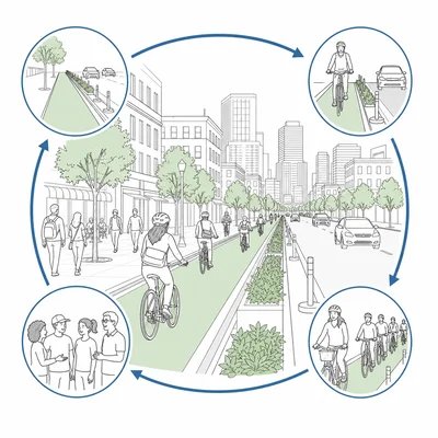 Diagram of bike lanes encouraging more cycling and public support for more bike infrastructure.