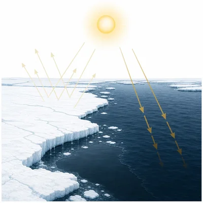 Diagram showing sea ice reflecting sunlight and dark ocean absorbing sunlight as ice melts.
