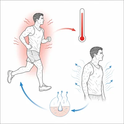 Diagram of exercise raising body temperature and sweating cooling the body.