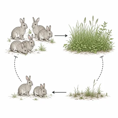 Diagram of rabbits consuming food and limited food reducing rabbit growth.