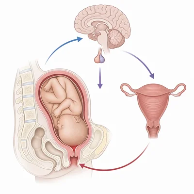 Diagram of childbirth feedback involving cervix pressure, oxytocin release, and contractions.