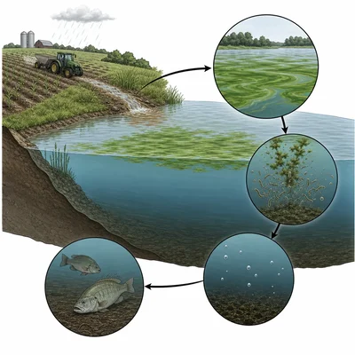 Diagram of fertilizer runoff causing algae growth, oxygen loss, and stressed fish in a lake.