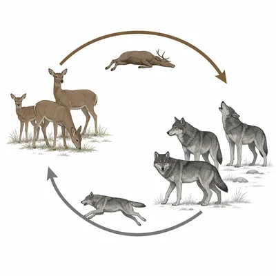 Diagram of wolves and deer connected in a predator-prey feedback relationship.