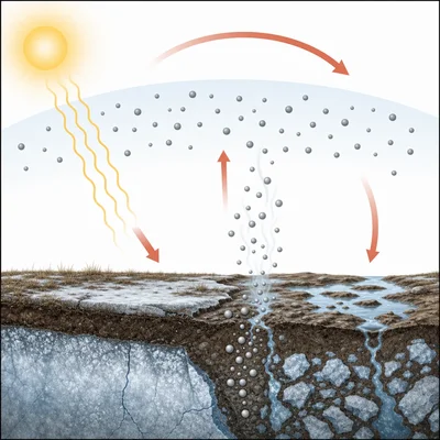 Diagram of warming thawing permafrost and releasing gases into the atmosphere.
