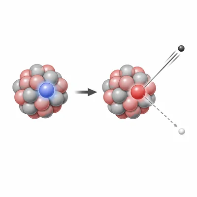 Beta-minus decay shown as a neutron becoming a proton while emitting a small particle.