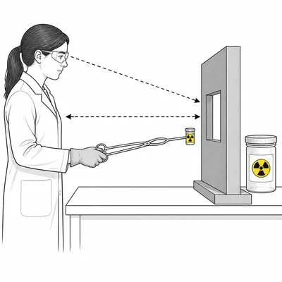 A lab worker uses shielding, distance, and tongs to reduce radiation exposure.