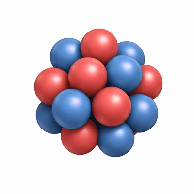 A carbon-14 nucleus shown as a cluster of protons and neutrons.
