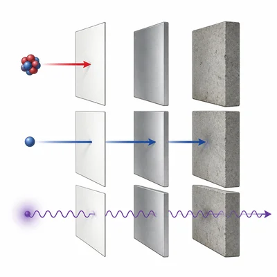 Alpha, beta, and gamma radiation shown with different penetrating abilities through shielding.