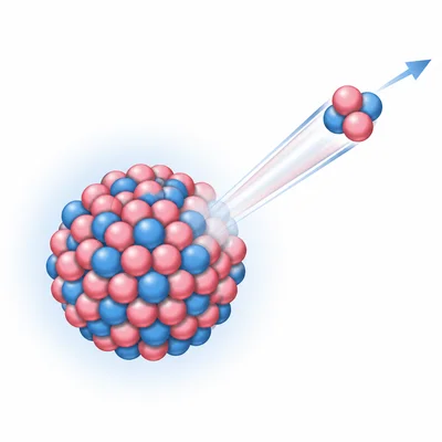 Alpha decay shown as a nucleus emitting a small cluster of two protons and two neutrons.