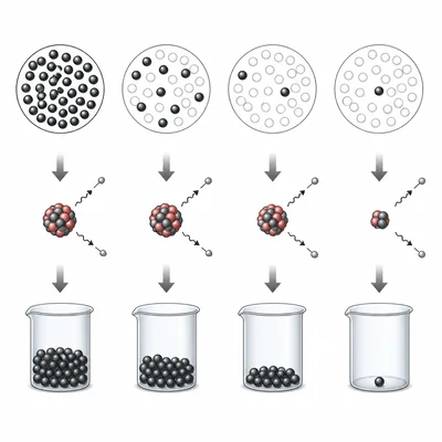 Four stages of radioactive decay showing one eighth of a sample remaining after three half-lives.