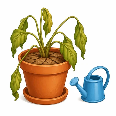 A droopy potted plant with dry soil and a watering can nearby.