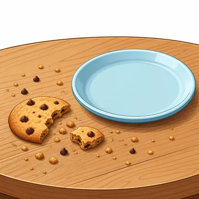 Cookie crumbs and a broken cookie piece on a table.