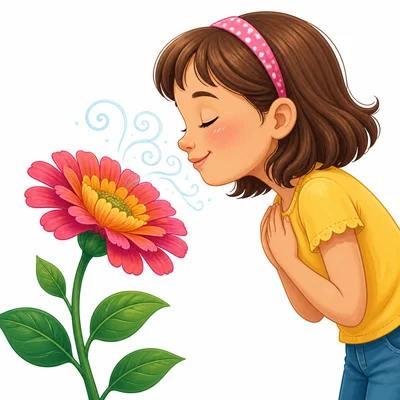 A child smelling a colorful flower.