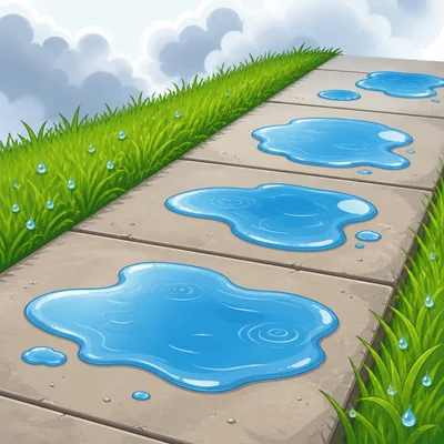 Puddles on a sidewalk after rain.
