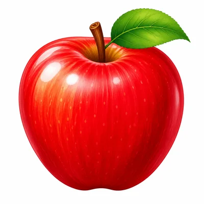 A shiny red apple with a stem and leaf.