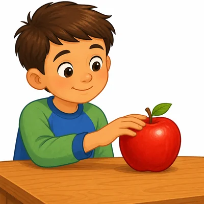 A hand touching a smooth red apple.