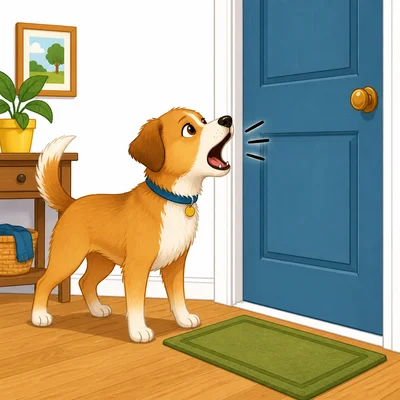 A dog barking beside a closed door.