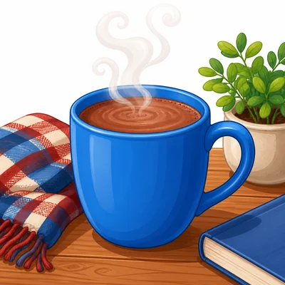 A mug of cocoa with steam rising from it.