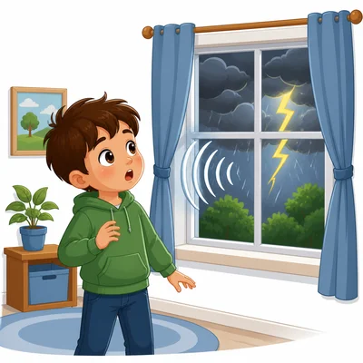 A child near a window with storm clouds and lightning outside.
