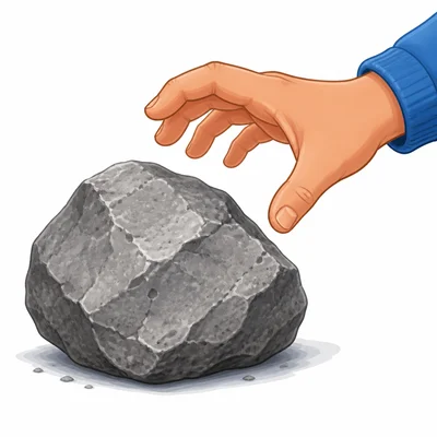 A rough gray rock on a surface with a hand nearby.