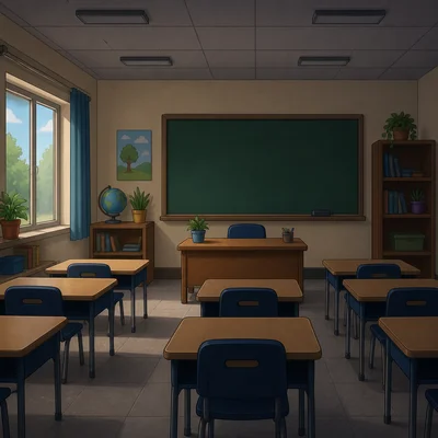 A dim classroom with the lights turned off.