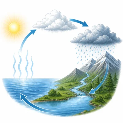 Diagram of the water cycle with evaporation, clouds, rain, runoff, and collection.