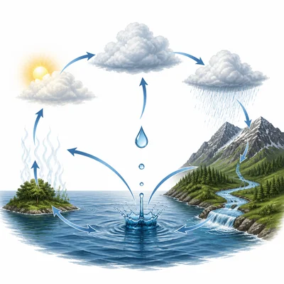 A water drop reaches the ocean and can follow different water cycle paths.