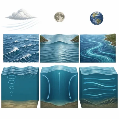 Visual comparison of wind waves, Moon-driven tides, and ocean currents.