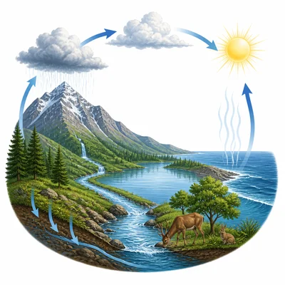 Water cycle provides rain and water for plants, animals, and ecosystems.