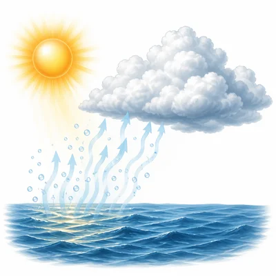 The Sun heats water, causing vapor to rise and form clouds.