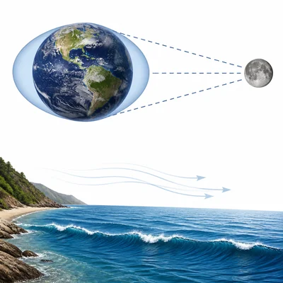 Moon creates tidal bulges on Earth while wind only makes small surface waves.