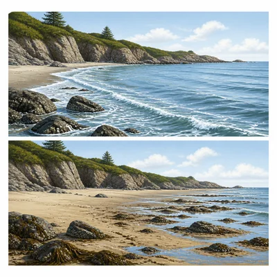 Side-by-side beach scenes showing higher and lower ocean water levels.