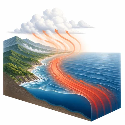 A warm ocean current flows along a coastline and affects nearby air.