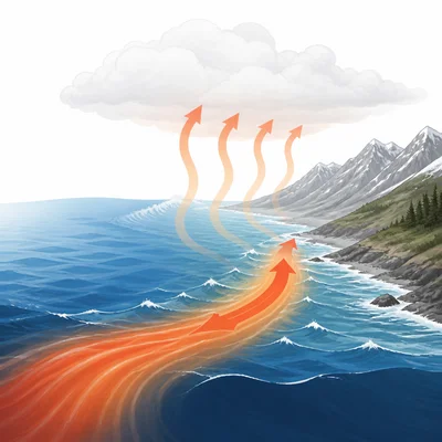 Warm ocean current moves toward a cool coast and warms the nearby air.