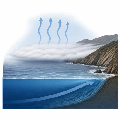 Cold ocean current cools the air above it and creates low fog.