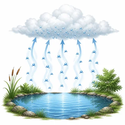Water vapor rises from a pond and condenses into cloud droplets.