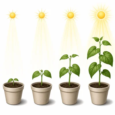 Four bean plants grow taller as sunlight increases.