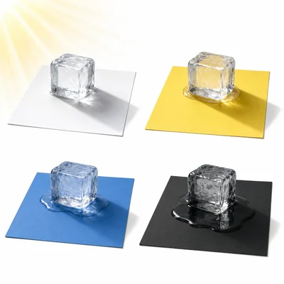 Ice melts at different rates on different colored papers in sunlight.