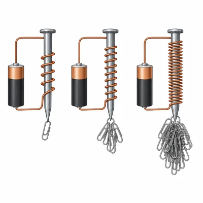 An electromagnet with more wire coils picks up more paper clips.