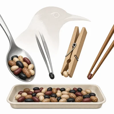 Different beak-shaped tools pick up different amounts of beans.