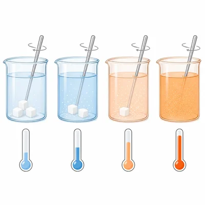 Sugar dissolves faster in warmer water beakers.