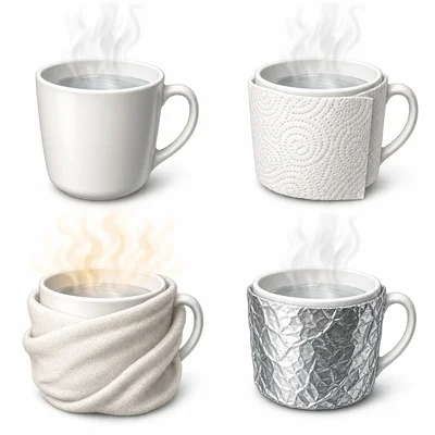Four hot water cups wrapped with different insulating materials.