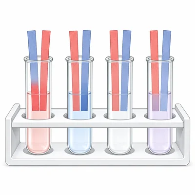 Litmus paper strips test several liquids for acid, base, or neutral properties.