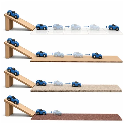 A toy car travels different distances on surfaces with different roughness.