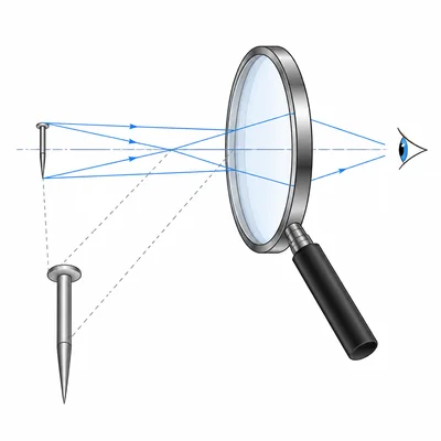 A magnifying glass makes a small object appear larger through a converging lens.